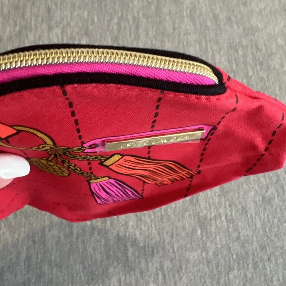 Estee Lauder‎ Makeup Bag Red Pink Lined Purse Accessory Beauty Travel Zip Top